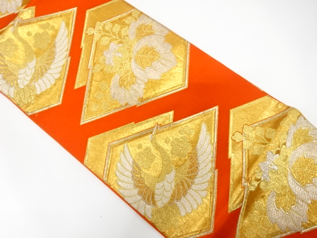 JAPANESE KIMONO / ANTIQUE FUKURO OBI / SILK / WOVEN CRANE & PAULOWNIA